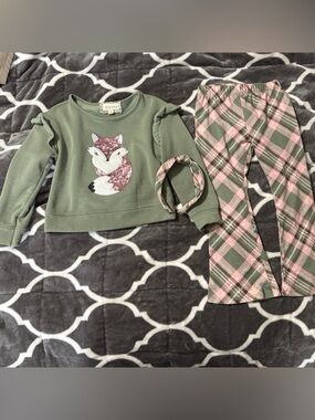 btween Olive Green and Pink Fox Plaid Girls Set with Headband